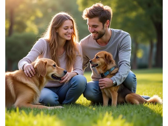 Founders, Emily and Mark, with their golden retriever, Buddy, and playful terrier mix, Pip, in a sunlit dog park