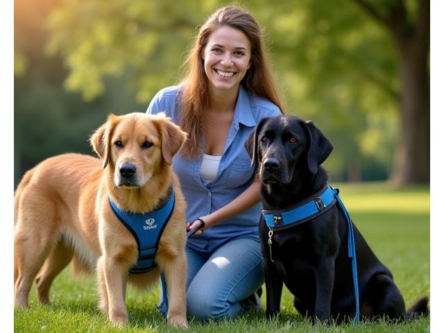 A professional dog trainer (diverse, friendly woman) with a golden retriever and a black Labrador at her feet, demonstrating a proper fit of a dog harness. She holds a PupGear Premium leash and is smiling directly at the camera, conveying expertise and warmth. Outdoor setting, bright.