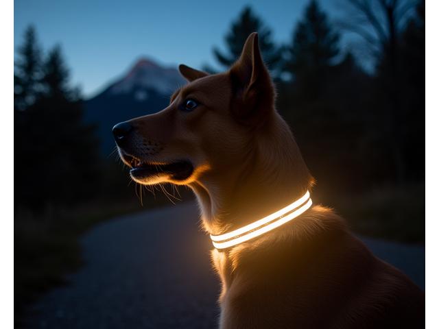 A dog collar or leash with a prominent reflective strip, photographed in low light conditions (dusk or dawn) with a bright light source (simulating a car headlight) reflecting off it, showcasing its high visibility.