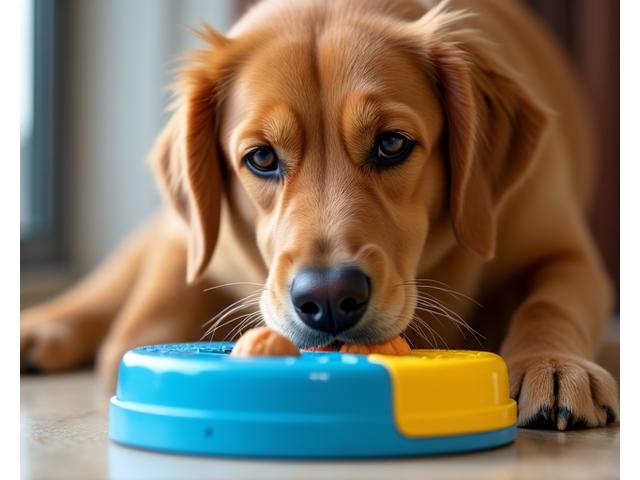 Golden retriever concentrating on a puzzle toy to get treats.