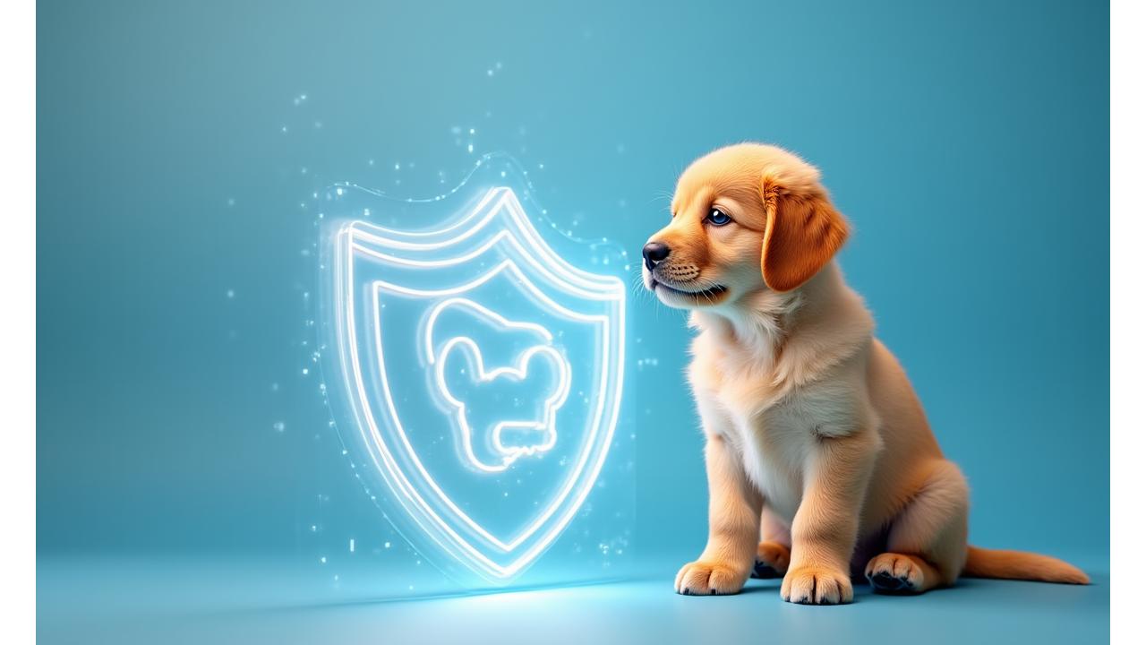 A cute, friendly golden retriever puppy looking inquisitively at a glowing, transparent shield icon protecting a dog bone, symbolizing data privacy and security.