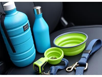 Travel bowl, car seatbelt leash attachment, and portable water bottle for dogs